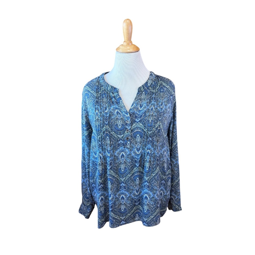 Roz & Ali Blue Paisley Pintuck Pleated Rayon Blouse XL Long Sleeve Split V-Neck